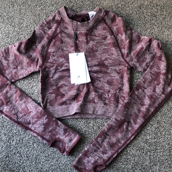 NEW! GYMSHARK Camo Seamless Long Sleeve Crop Top - XS Gym Shark - Picture 7 of 8